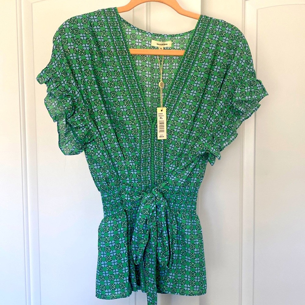 Max Studio Short Sleeve Tie Front Blouse